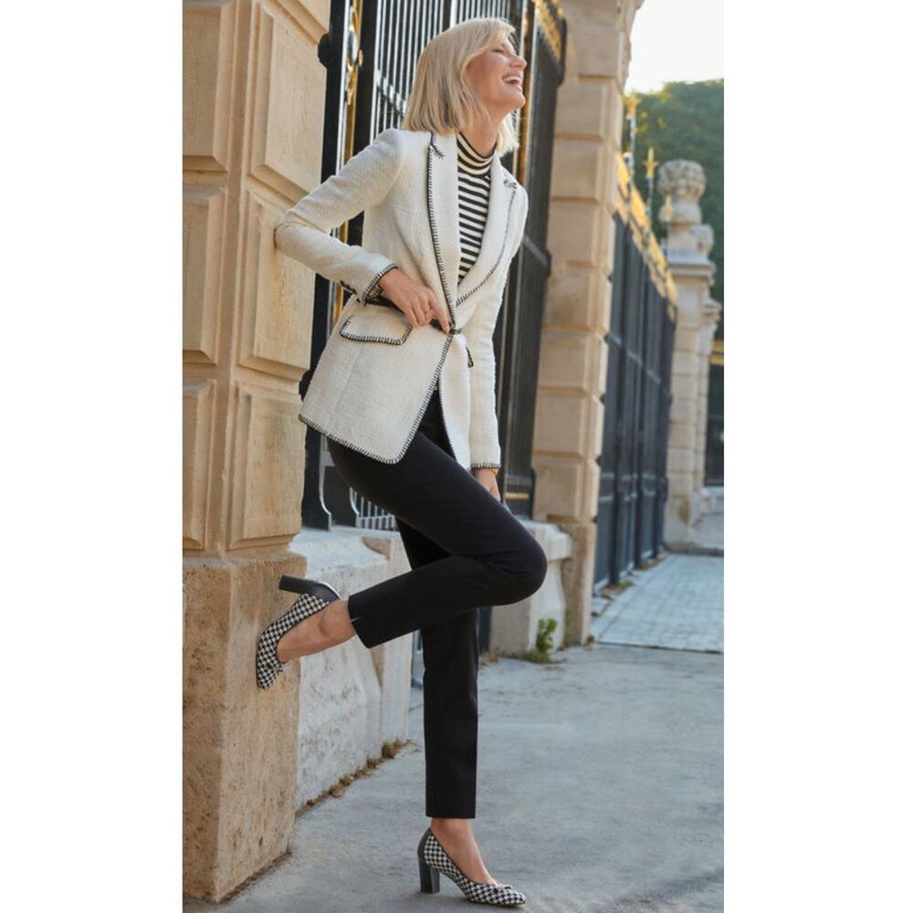Talbots Contrast Stitch Classic Blazer Tweed Jacket 2 Petite Ivory Preppy Chic